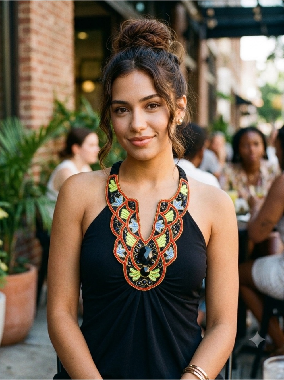Embroidered Chunky Beaded Black Statement Necklace Halter Accent Top